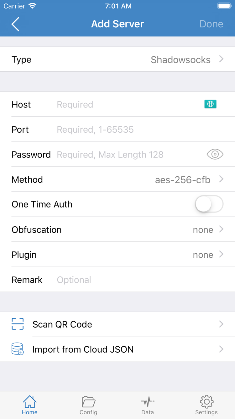 Shadowrocket Add Server 界面:Type、Host、Port、Password、Method 字段,底部为 Scan QR Code 与 Import from Cloud JSON