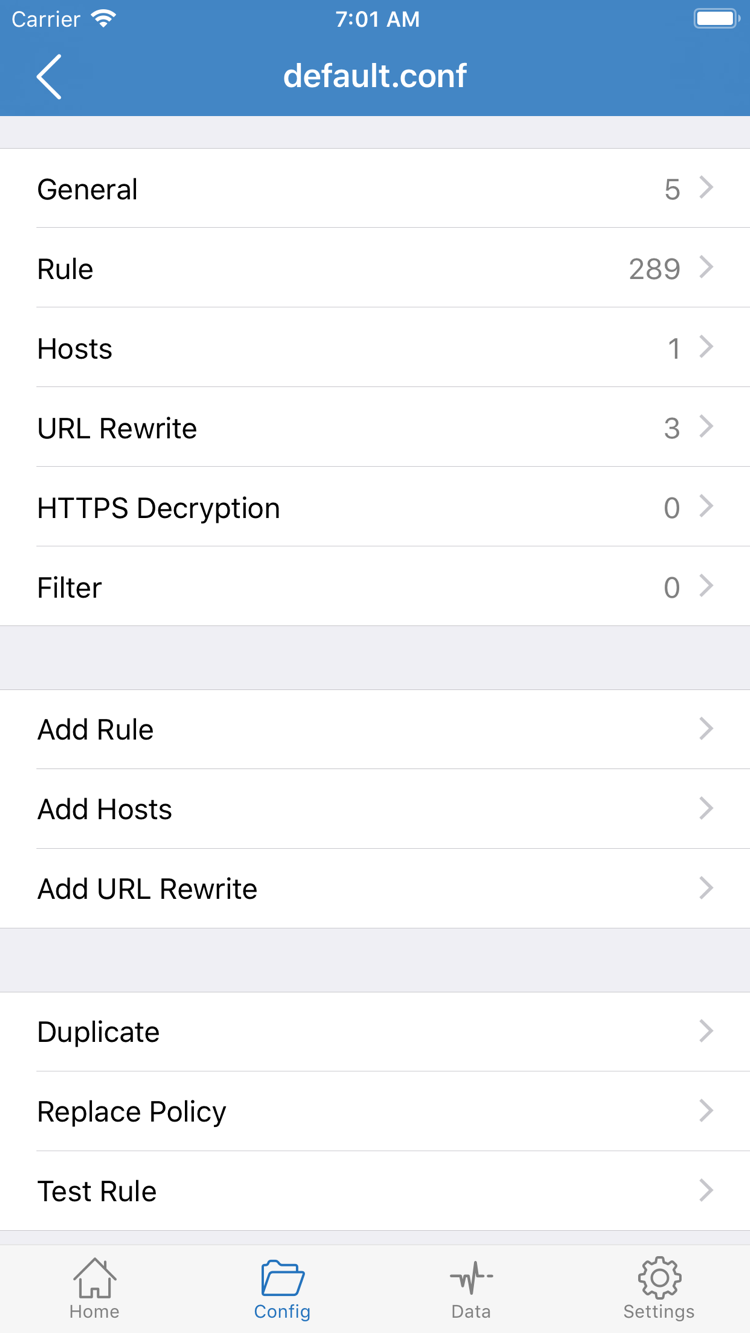 Shadowrocket Config 界面:General、Rule、Hosts、URL Rewrite、HTTPS Decryption 分段与 Add Rule