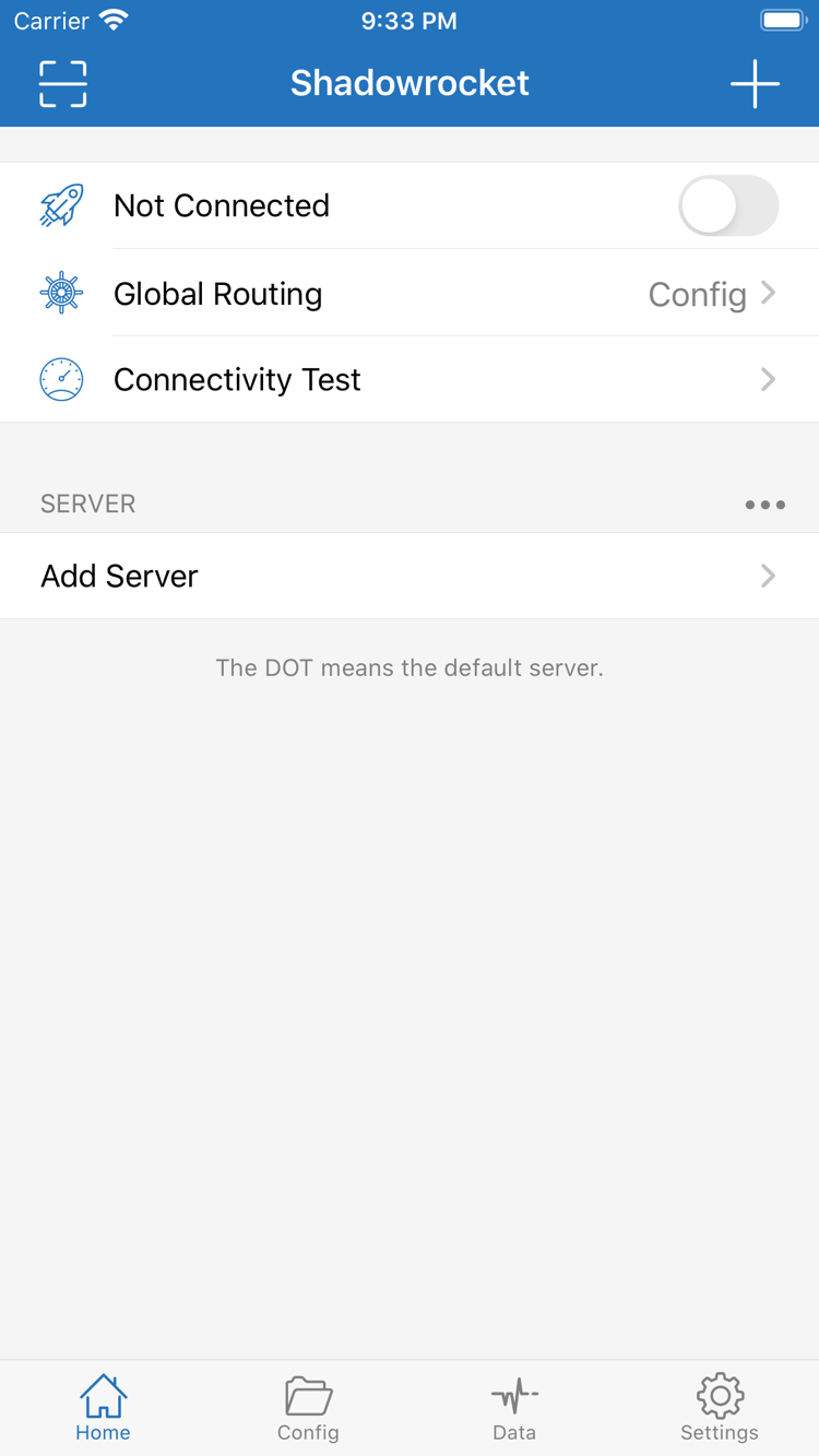 Shadowrocket Home 界面:顶部开关、Global Routing、Connectivity Test 与下方 SERVER 分组、Add Server
