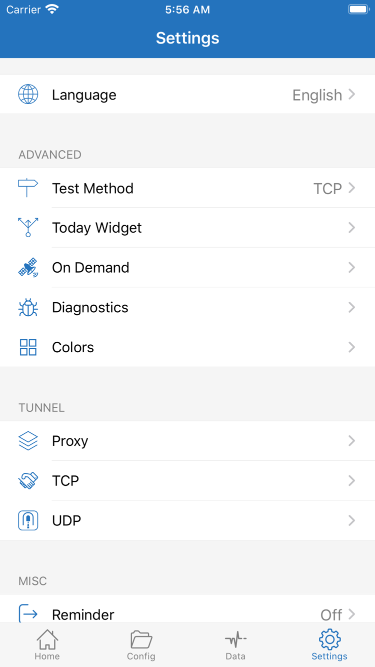 Shadowrocket Settings 界面:Language、Test Method、Today Widget、On Demand、Diagnostics、Proxy、TCP、UDP